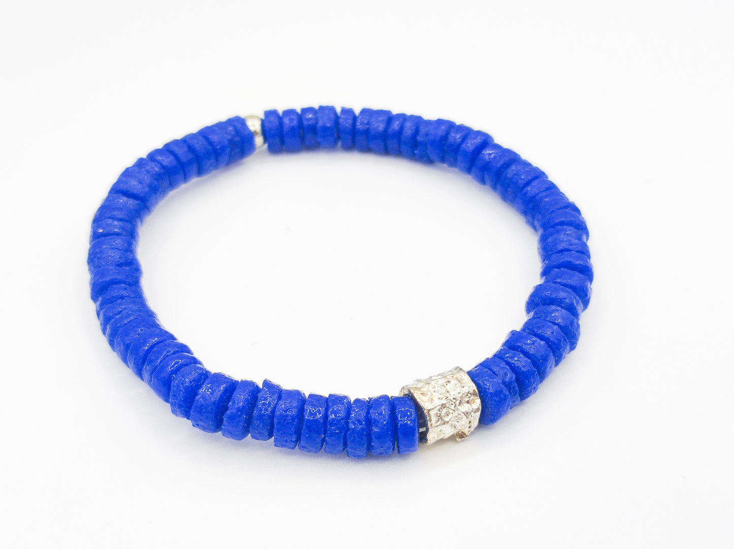 CAMÉLÉON ARGENT - Bracelet bleu- perles africaines krobo